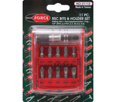 Набор бит с битодержателем 11 предметов, 1/4" (PH1,2,3 PZ1,2,3, SL5.5, 6.5) ROCKFORCE RF-21112