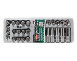 Набор головок Е-профиль и бит-насадок TORX (Е10-Е24, M5-M6,T50-Т70, T50H-T40H) 32 предметав лотке ROCKFORCE RF-T4322