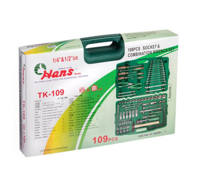 Набор торц. головок 1/4"DR4-14мм и 1/2"DR10-32 мм,109 предметов (TK-109) HANS