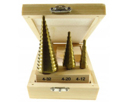 Набор ступенчатых сверел 3 шт. ( 4-12, 4-20, 4-32 мм) деревянный кейс GEKO G38502-foto2