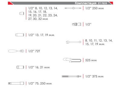 Профессиональный набор инструмента 39 ед., 1/2", Cr-V INTERTOOL ET-7039