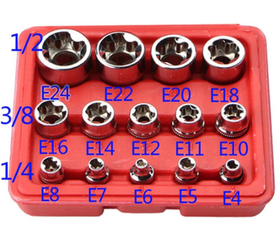 Набор торцевых головок E-Torx (E4–E24), 1/4", 3/8", 1/2", 14 ед. REWOLT T1349